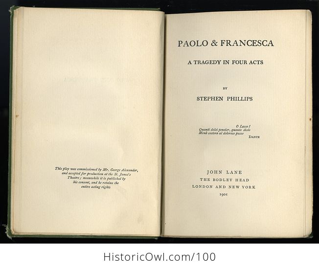 Antique Book Paolo and Francesca a Tragedy in Four Acts by Stephen Phillips C 1901 - #mGCpOdOkLRM-3